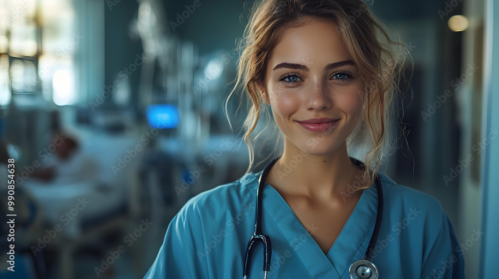 Smiling healthcare professional in scrubs, with a stethoscope, in a hospital setting, exuding confidence and compassion. Smiling healthcare professional in scrubs, with a stethoscope, in a hospital setting, exuding confidence and compassion.