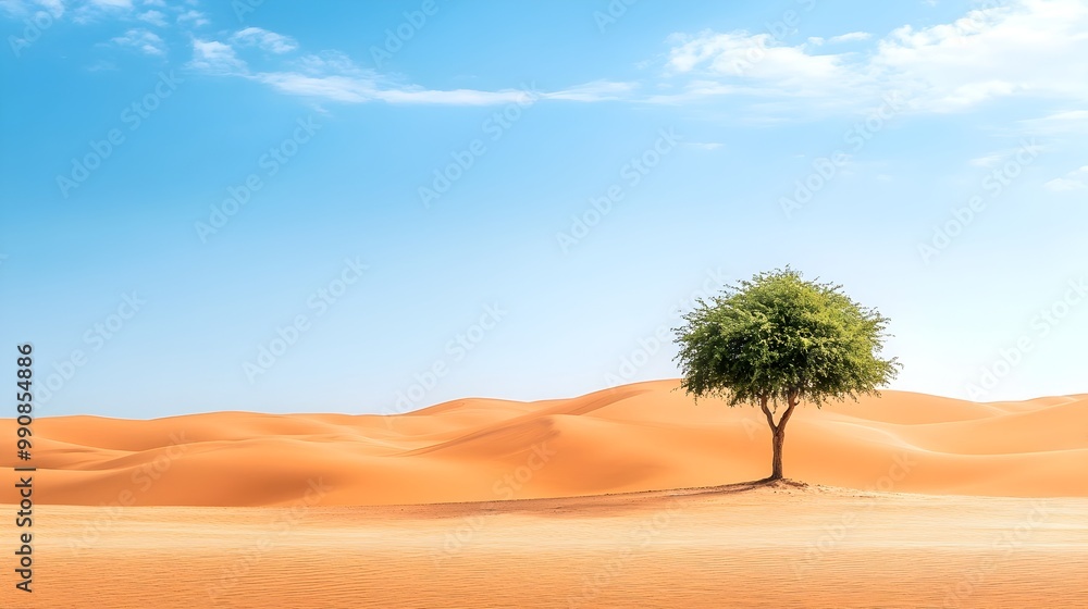 A solitary tree standing tall amidst the endless sand dunes of a vast desert surrounded by a bright blue sky symbolizing the resilience and survival of life in a barren and isolated landscape A solitary tree standing tall amidst the endless sand dunes of a vast desert surrounded by a bright blue sky symbolizing the resilience and survival of life in a barren and isolated landscape