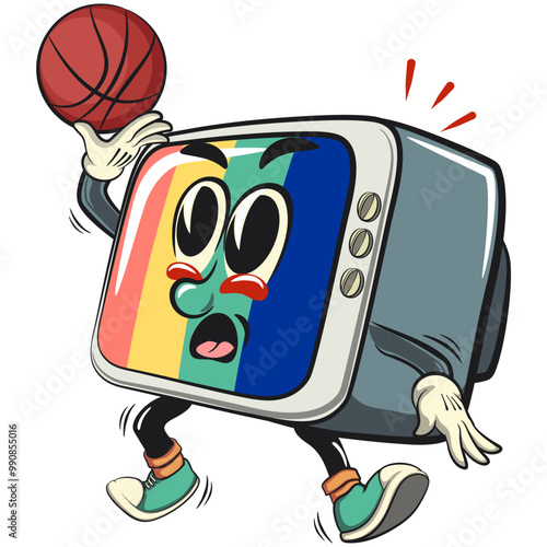 vintage tv monitor cartoon character mascot retro vector design playing basketbal, work of hand drawn