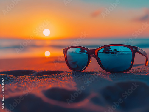 Wallpaper Mural Stylish sunglasses resting on the sandy beach during a vibrant sunset, capturing a moment of relaxation and summer vibes. Torontodigital.ca