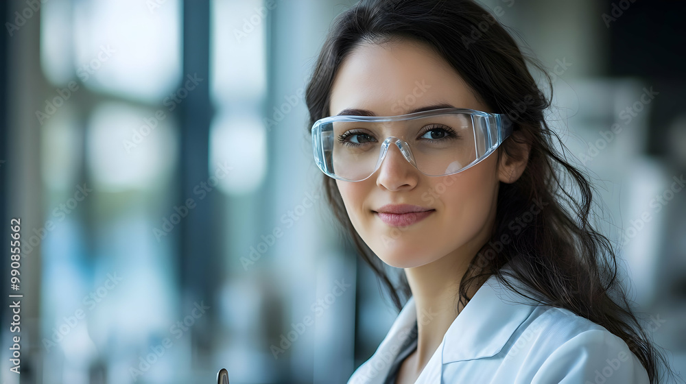 Young scientist smiling in laboratory with safety goggles, showcasing a commitment to research and innovation. Young scientist smiling in laboratory with safety goggles, showcasing a commitment to research and innovation.