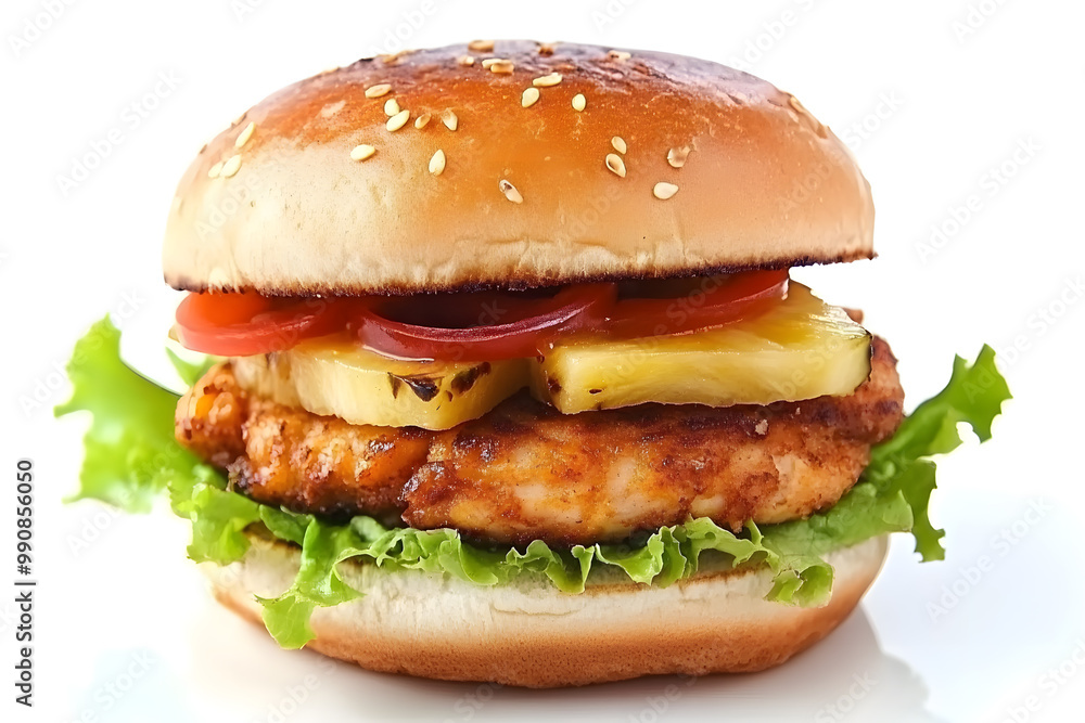 Delicious Chicken Pineapple Burger isolated on white background Delicious Chicken Pineapple Burger isolated on white background