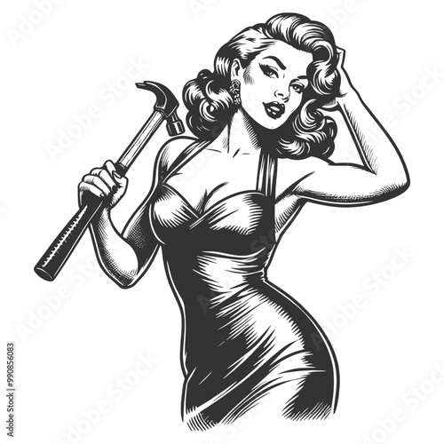 pin-up girl with hammer, classic femininity with a strong and empowered pose sketch engraving generative ai fictional character vector illustration. Scratch board imitation. Black and white image.