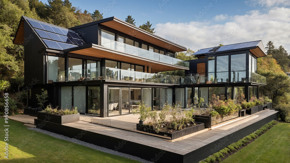 Modern two-story house with large windows surrounded by nature and a spacious wooden deck, daytime view Modern two-story house with large windows surrounded by nature and a spacious wooden deck, daytime view