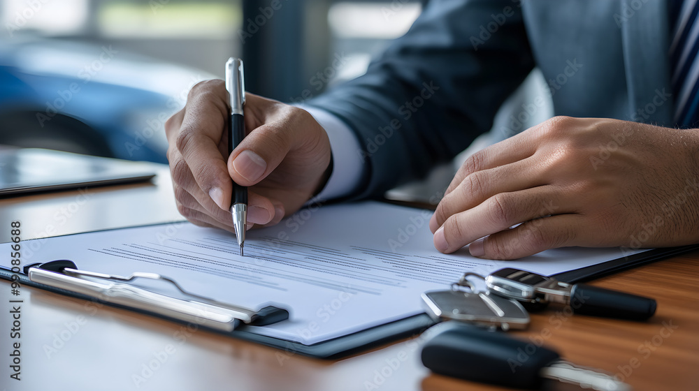 A business professional is focused on signing an important document with a pen, showcasing a moment of decision-making in a modern office setting A business professional is focused on signing an important document with a pen, showcasing a moment of decision-making in a modern office setting