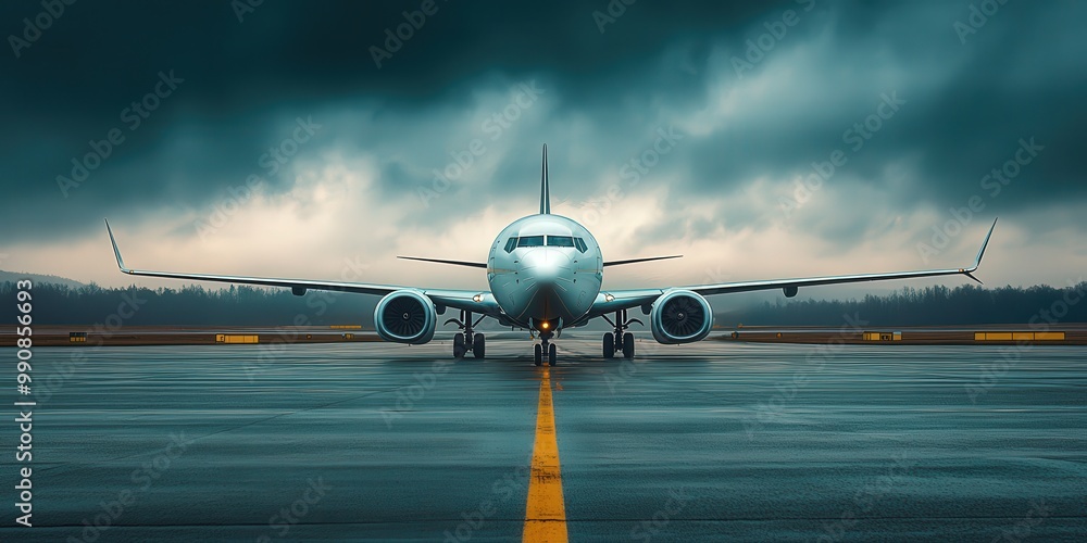 Naklejka premium Parked Plane on Runway under Dramatic Sky