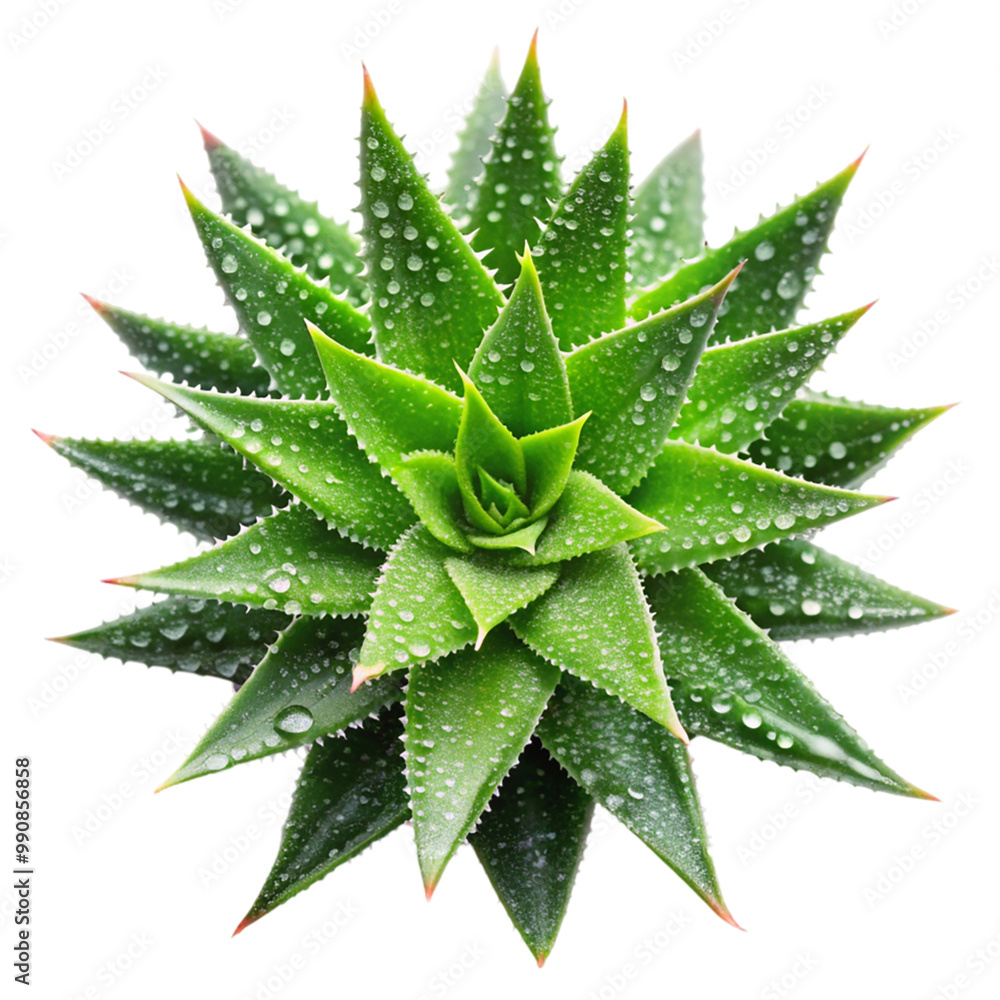 Fototapeta premium Aloe leaves with drops top view Isolated on transparent background.
