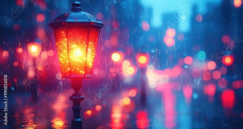 Colorful bokeh lights illuminate a rainy street at night with charming lanterns