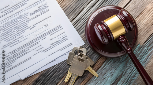 A flat lay showcases a judge's gavel beside real estate documents and keys, symbolizing legal transactions and property ownership