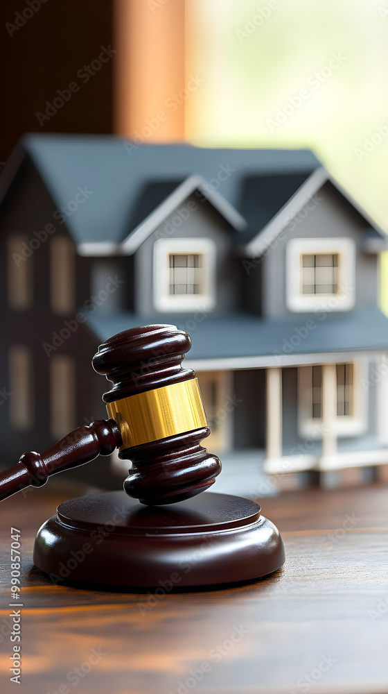 A judge's gavel rests beside a model house symbolizing real estate law and property disputes in a warm, inviting setting A judge's gavel rests beside a model house symbolizing real estate law and property disputes in a warm, inviting setting
