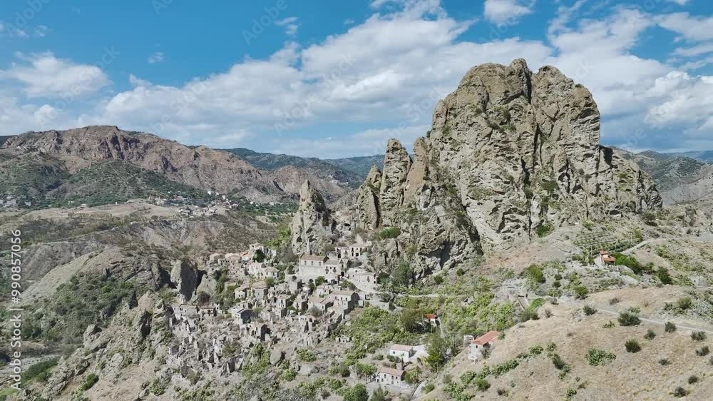 Ghost Town from a drone, Pentedattilo Village, Calabria, Italy, Europe Ghost Town from a drone, Pentedattilo Village, Calabria, Italy, Europe