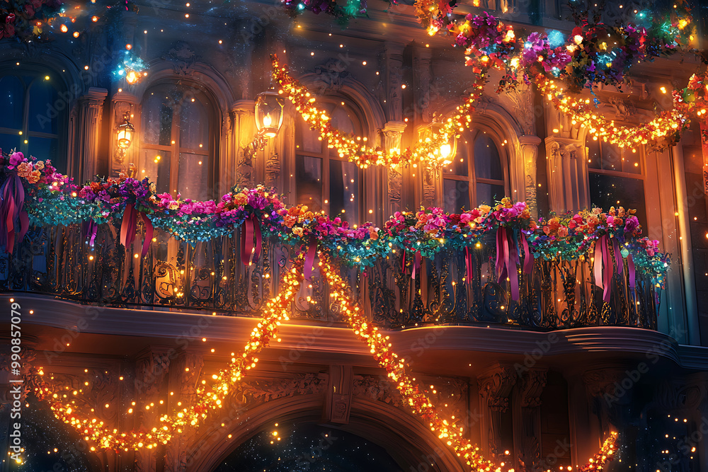Fototapeta premium Charming background with a view of a decorated balcony overlooking the carnival parade, adorned with flowers, ribbons, and lights