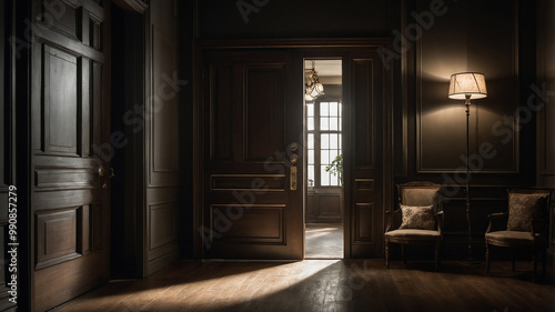 Elegant, dark-toned room with classic furniture and wooden flooring illuminated by a warm floor lamp. photo