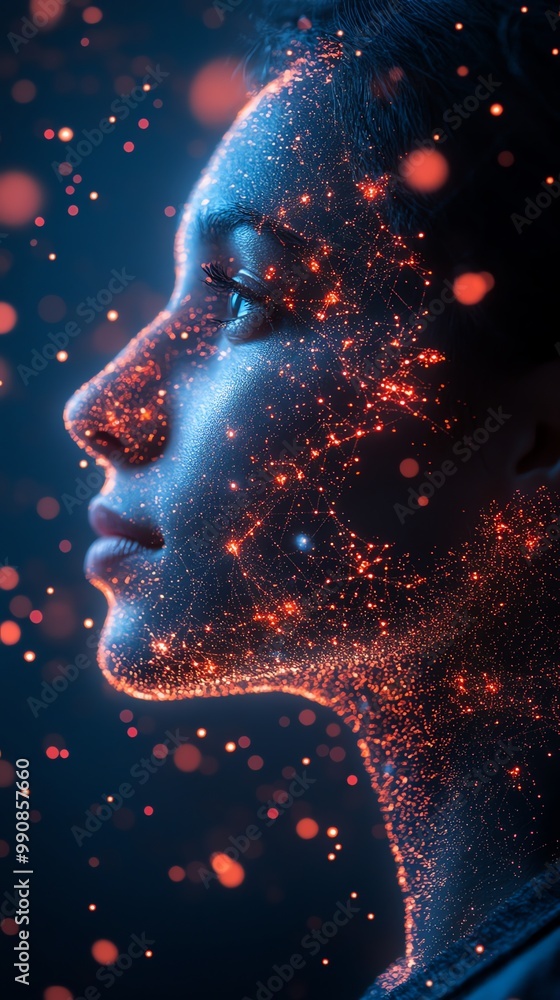 A woman's face is made of glowing particles, a futuristic digital art concept. A woman's face is made of glowing particles, a futuristic digital art concept.