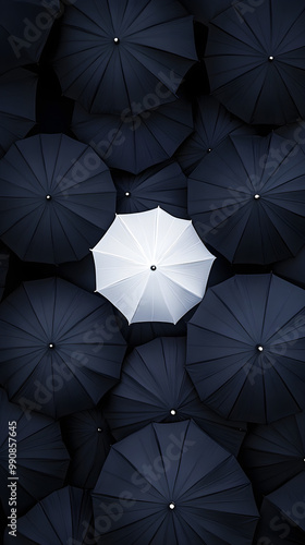 A top view showcases a minimalistic arrangement of black umbrellas, with a single white umbrella standing out in the midst of them