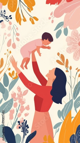 A mother lifts her baby high, surrounded by vibrant floral patterns celebrating motherhood