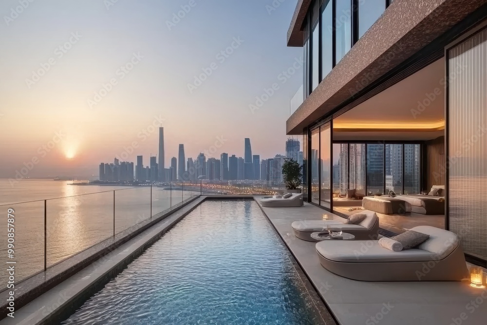 Naklejka premium Luxurious modern penthouse apartment with infinity pool overlooking urban skyline at sunset