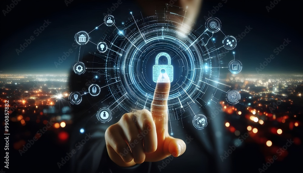 Digital cybersecurity interface with hand pointing at lock icon on dark background. Digital cybersecurity interface with hand pointing at lock icon on dark background.