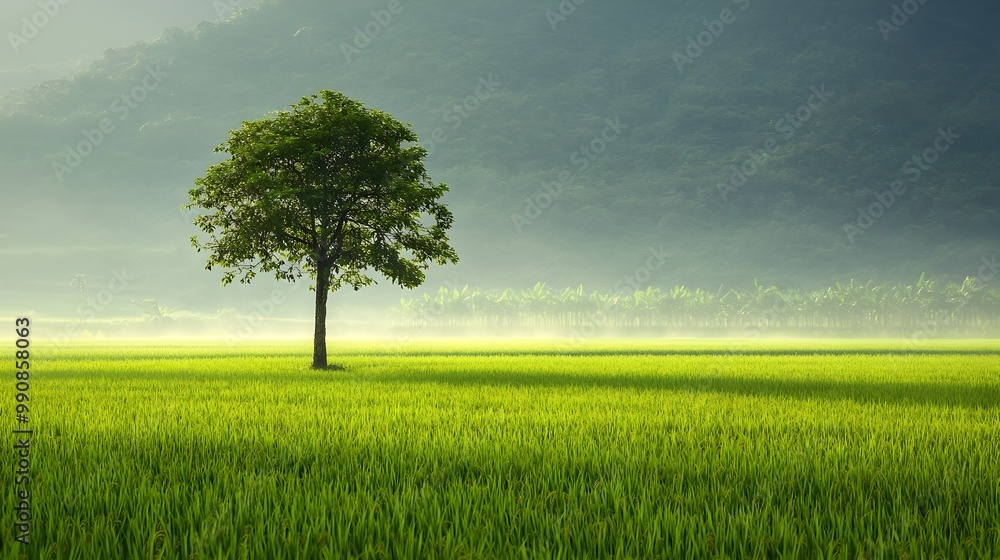 Fototapeta premium Lone Tree Bathed in Warm Sunlight Amidst Serene Expanse of Dew Covered Rice Field Creating a Fresh and Peaceful Rural Landscape Scene