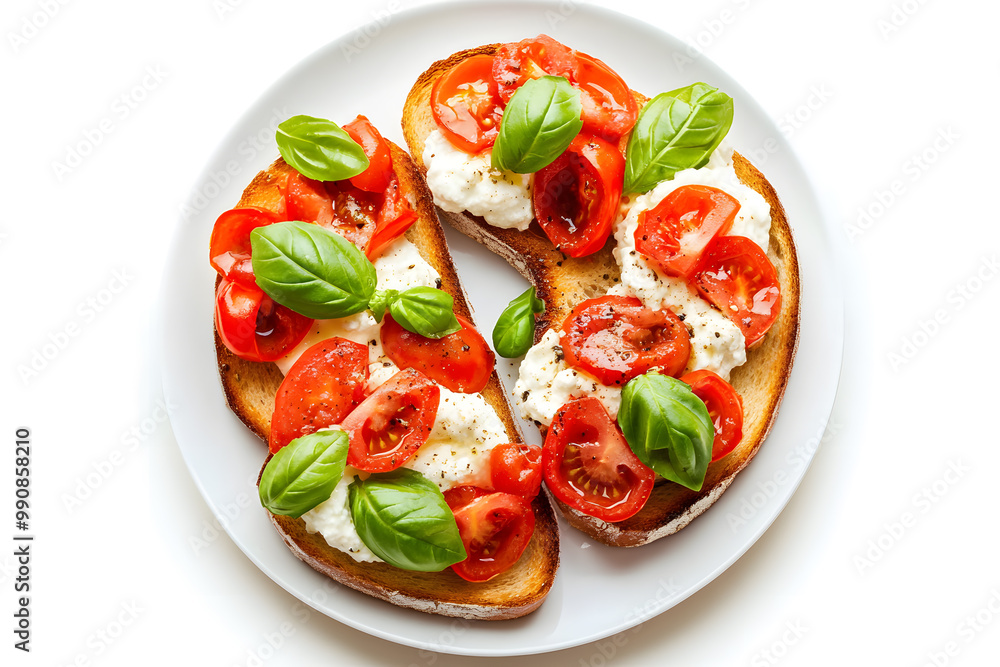 Bruschetta Toast with Ricotta Cheese and Tomatoes and Basil top view isolated on white Bruschetta Toast with Ricotta Cheese and Tomatoes and Basil top view isolated on white