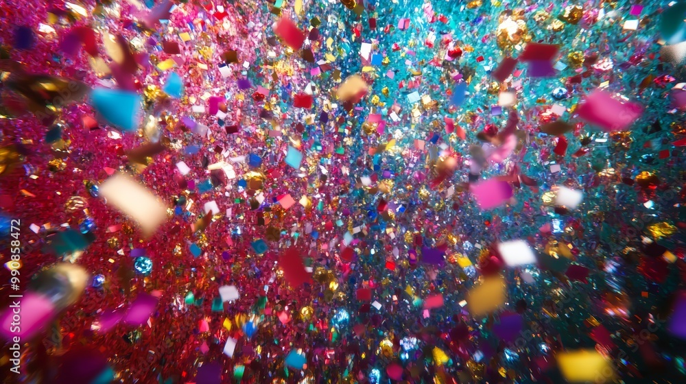 Happy Woman Surrounded by Colorful Confetti in Mid-Air Raising Arms in Celebration Happy Woman Surrounded by Colorful Confetti in Mid-Air Raising Arms in Celebration