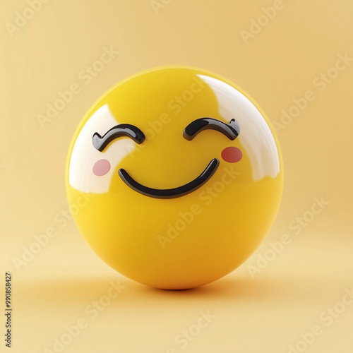 smiling yellow emoji with rosy cheeks on yellow background, 3d render