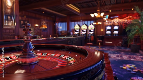 Casino Interior with Row of Slot Machines and High Rollers Bar in Background