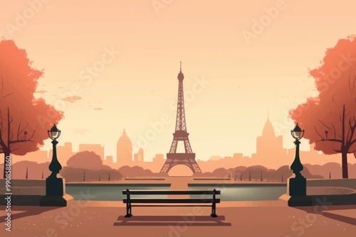 Eiffel Tower autumn park sunset