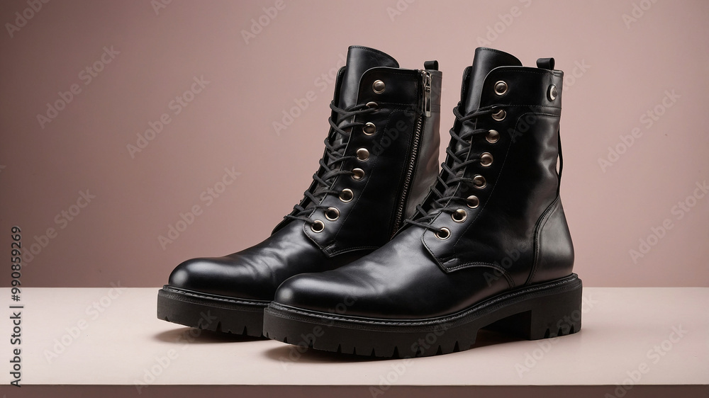 Stylish black leather boots with lace-up design on a neutral background, showcasing modern fashion trends. Stylish black leather boots with lace-up design on a neutral background, showcasing modern fashion trends.
