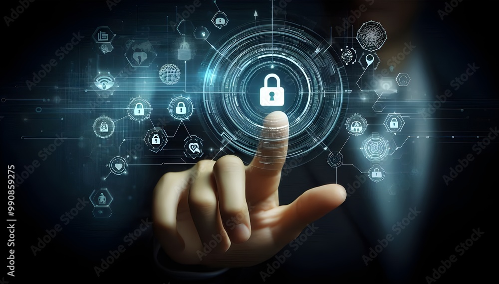 Fototapeta premium Digital cybersecurity interface with hand pointing at lock icon on dark background.