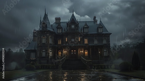 A large, imposing house with a grand entrance and lit windows, surrounded by trees in the rain.