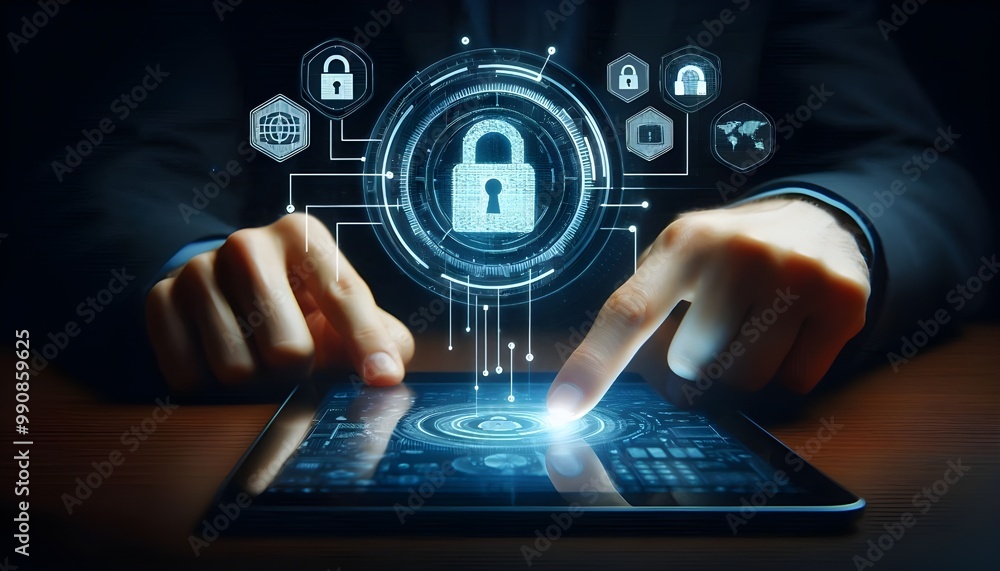 Digital cybersecurity interface with hand pointing at lock icon on dark background. Digital cybersecurity interface with hand pointing at lock icon on dark background.