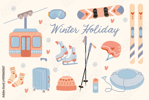 Set winter holiday, sport.  Cable car, helmet, skis, skates and other equipment. Vector illustration