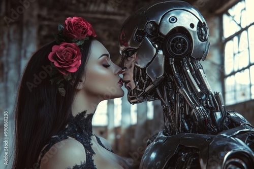 Romantic encounter between human and cyborg in industrial setting