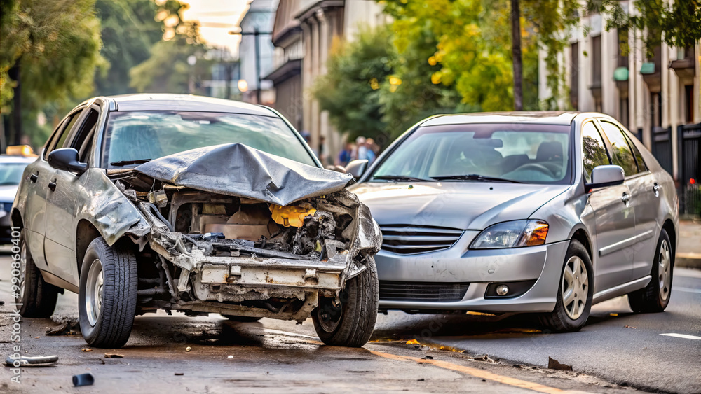 Obraz premium A major vehicle accident occurred on a busy urban street. One car has extensive front-end damage while another vehicle remains intact, reflecting the impact of the crash