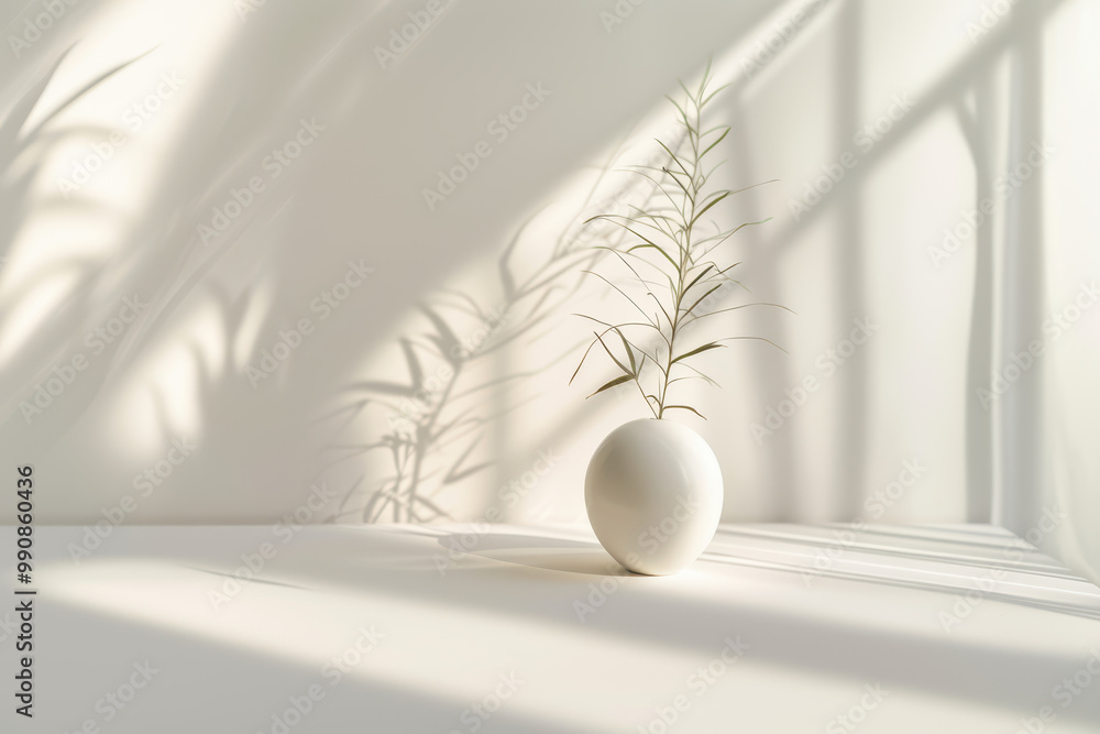 A simple ceramic vase on an empty table top holding two bamboo branches, minimalist style, blurred bamboo branches and leaves in the corner of the picture. A simple ceramic vase on an empty table top holding two bamboo branches, minimalist style, blurred bamboo branches and leaves in the corner of the picture.