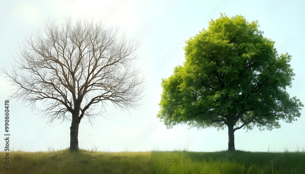 Obraz premium A bare tree and healthy tree representing the difference between an exhausted mind and a happy mind