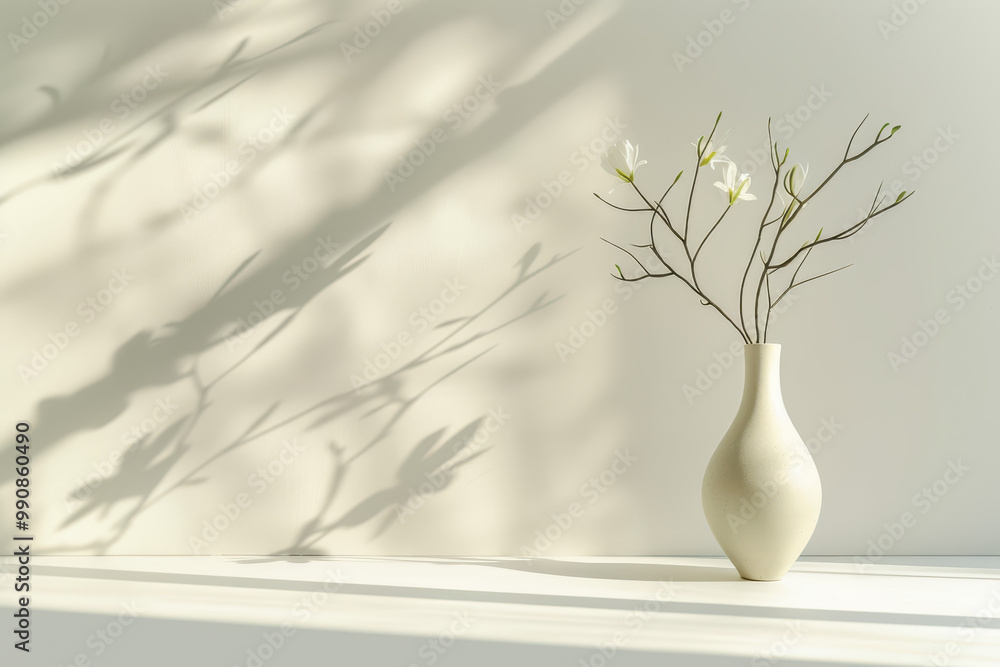 A simple ceramic vase on an empty table top holding two blooming flower branches, minimalist style, blurred bamboo branches and leaves in the corner of the picture. A simple ceramic vase on an empty table top holding two blooming flower branches, minimalist style, blurred bamboo branches and leaves in the corner of the picture.