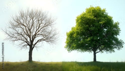 A bare tree and healthy tree representing the difference between an exhausted mind and a happy mind
