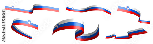 Set of holiday ribbons. Slovenia flag waving in wind. Separation into lower and upper layers. Design element. Vector on white background