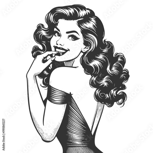 Playful smiling beautiful young woman flirty biting her finger sketch engraving generative ai fictional character vector illustration. Scratch board imitation. Black and white image.