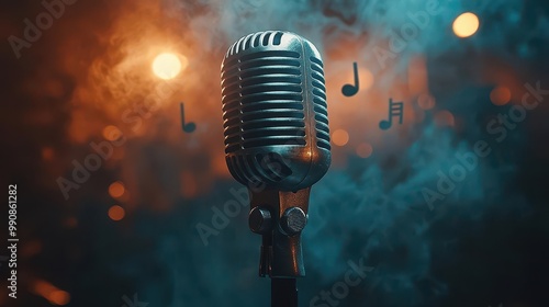 vintage microphone bathed in dramatic spotlight smoky atmosphere with musical notes floating retro stage ambiance rich shadows and highlights