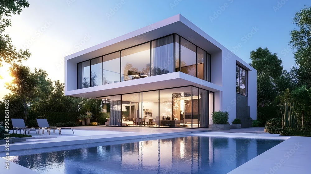 Fototapeta premium Sleek and Sophisticated Contemporary Home with Striking Geometric Design and Expansive Glass Walls Overlooking a Backyard Pool Deck in a Bright and Isolated Setting