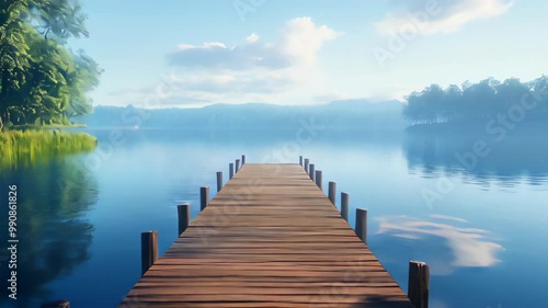 Wallpaper Mural Wooden Pier Overlooking a Calm Lake with Morning Mist Soft Blue Sky Torontodigital.ca