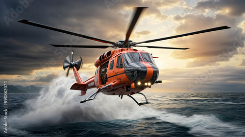 A bright orange rescue helicopter hovers above choppy sea waters as the sun sets, casting an orange glow across the sky and highlighting the urgency of the mission