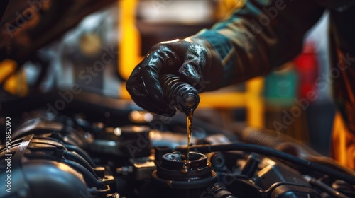 photograph of An engine mechanic is changing the engine oil by hand. photo