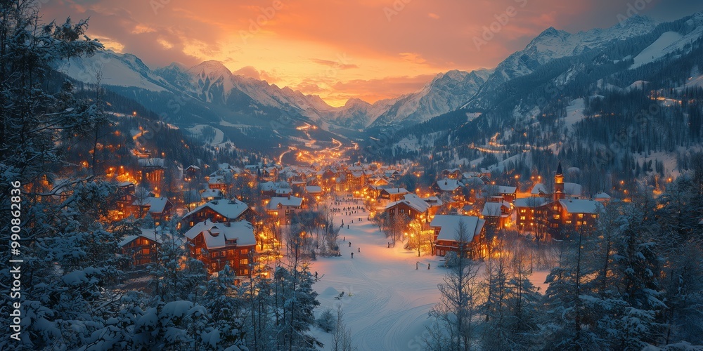 Aerial View of Snow-Covered Village at Dusk Aerial View of Snow-Covered Village at Dusk