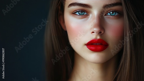 Close-up of a charming, attractive young woman grinning and wearing red lipstick against a dark grey background. cosmetics and makeup artistry. Idea of magazine, emotions, beauty, fashion, and adverti