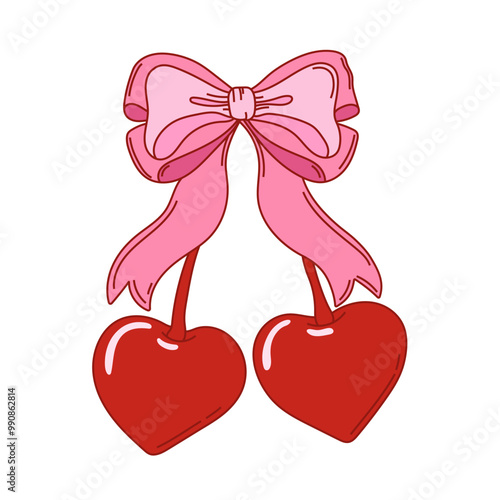 Coquette heart-shaped cherries with bow. Cherry with ribbon. Vector illustration for posters, cards, logo, printing on t-shirt etc.