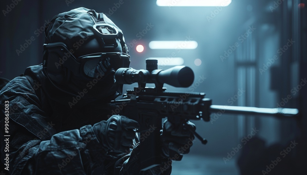 Anonymous Soldier in Dark Gear Holding Rifle with Scope Under Dim Light, Concept of Anti-Terrorism Anonymous Soldier in Dark Gear Holding Rifle with Scope Under Dim Light, Concept of Anti-Terrorism